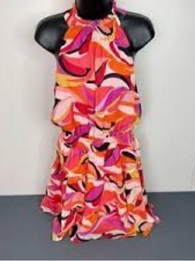 Fate Woman’s Abstract Print Halter Mini Dress Smocked Waist Boho Resort Small